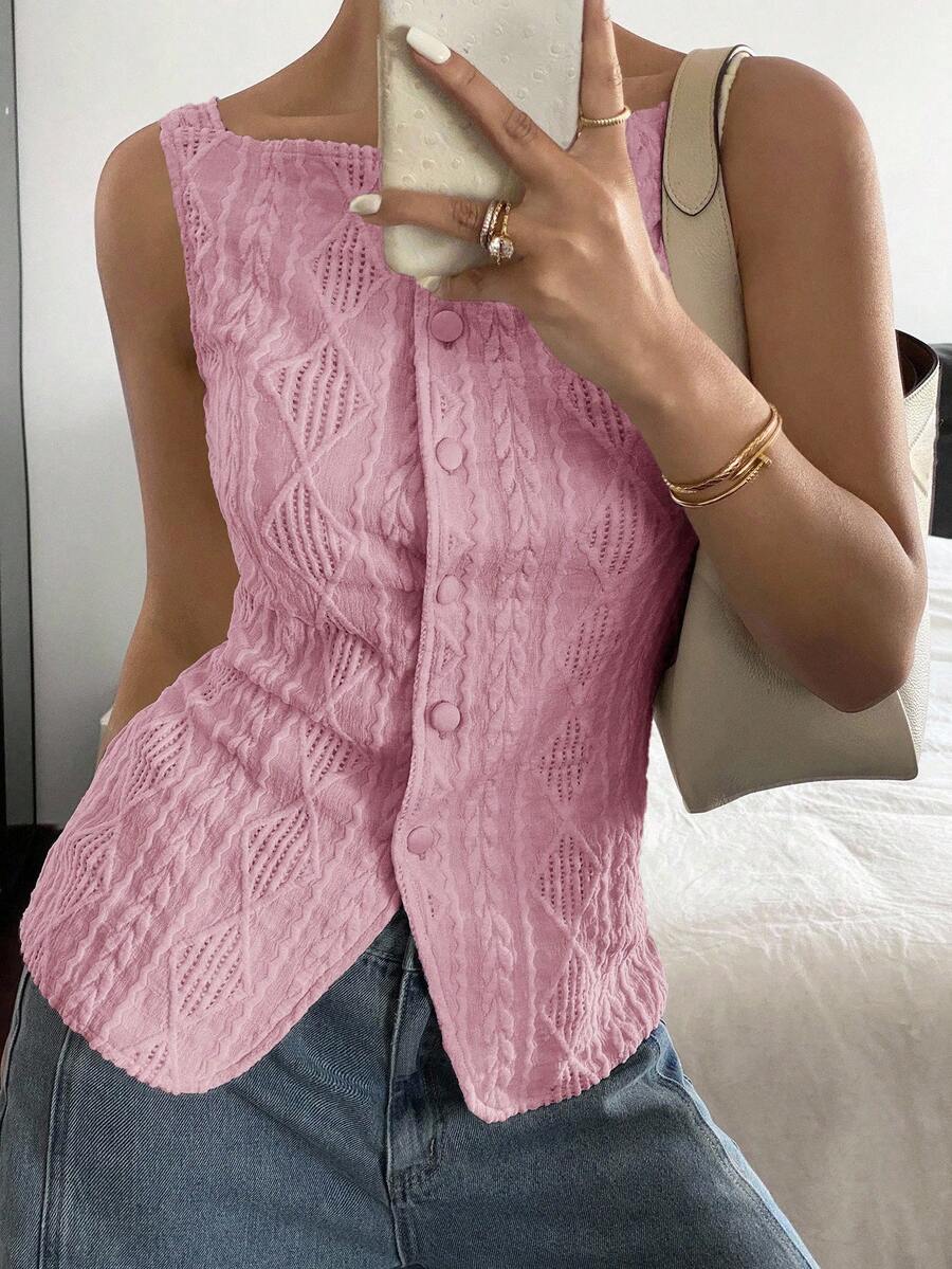Striped ribbed knit tank top for women featuring a button-down front, sleeveless design, and slim fit silhouette.