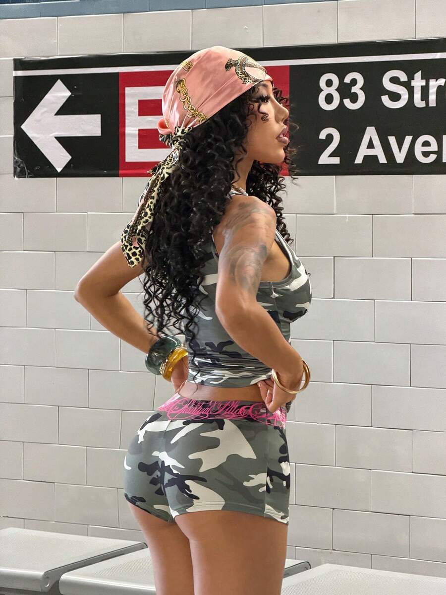 Women's Halloween print two-piece outfit with scoop neck camisole top and matching short biker track shorts in a slim fit