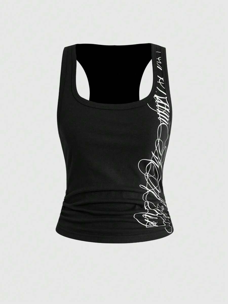 Punk-inspired two-piece set with a fitted scoop neck slogan tank top featuring cross and rhinestone details paired with ultra low waist mini shorts.