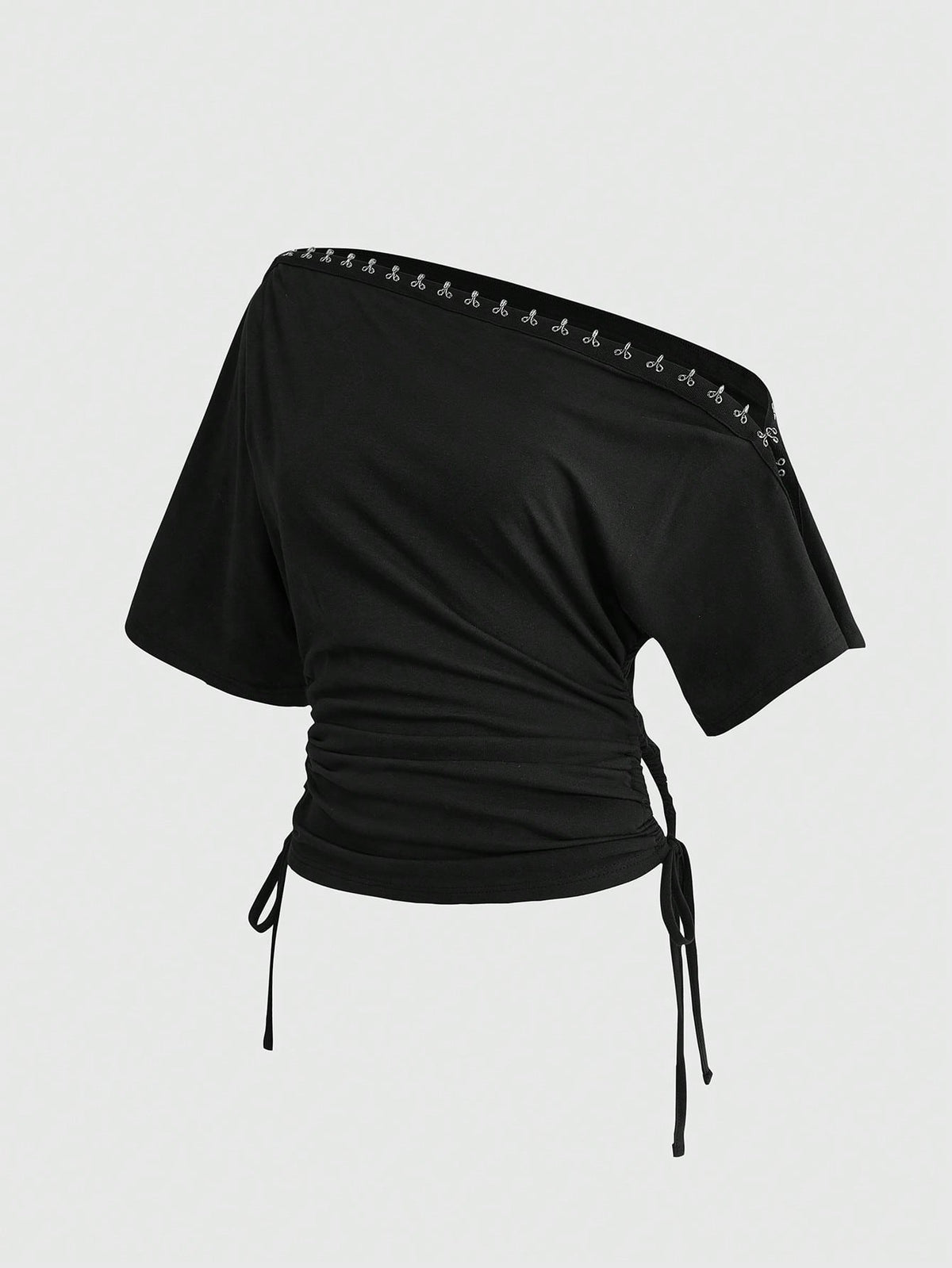 Women's slim fit short sleeve t-shirt featuring an asymmetric off-the-shoulder neckline, ruched design, and metal buckle detail.