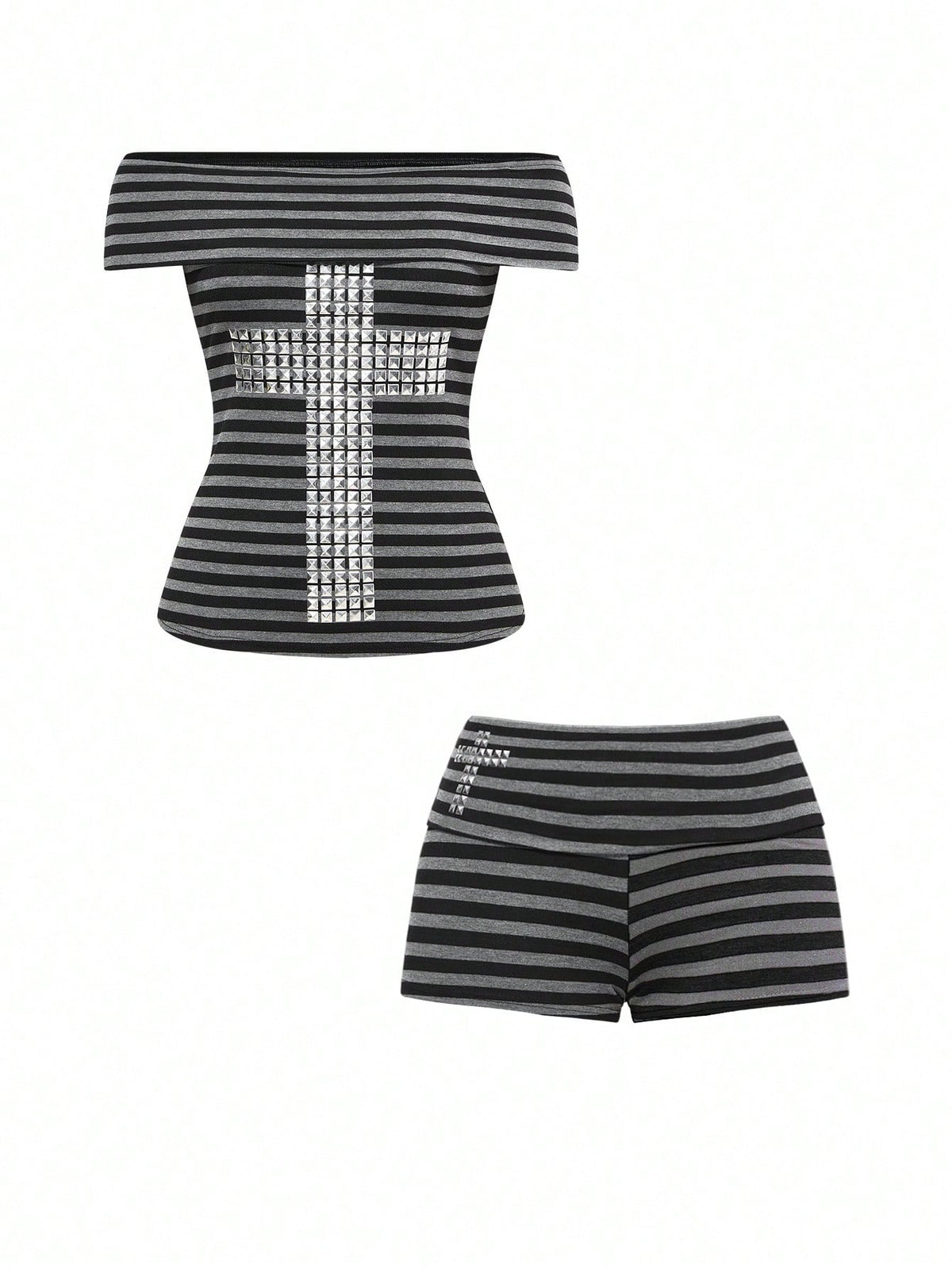 Women's 2-piece outfit with an off-the-shoulder short sleeve tee and track shorts, featuring a geometric striped pattern and slim-fit high-stretch knitted fabric.