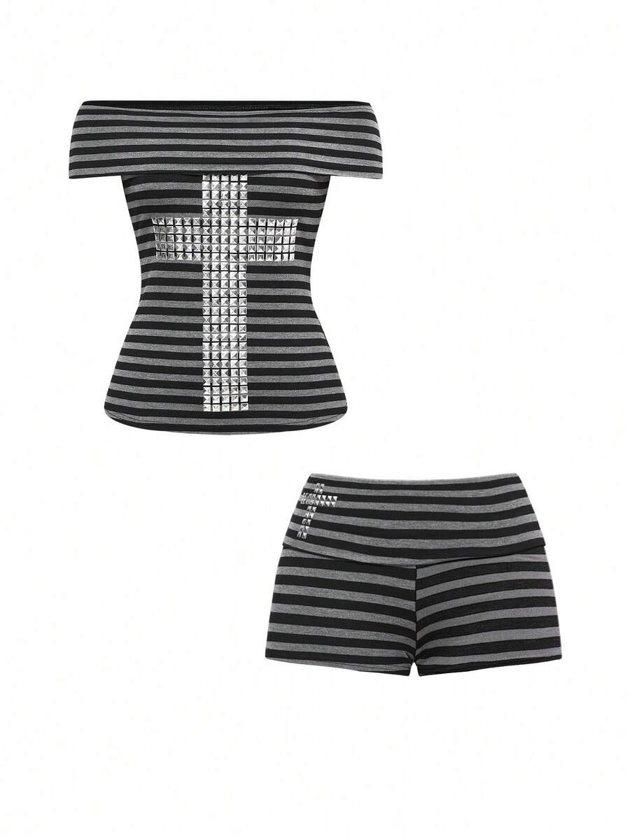 Women's 2-piece outfit with an off-the-shoulder short sleeve tee and track shorts, featuring a geometric striped pattern and slim-fit high-stretch knitted fabric.