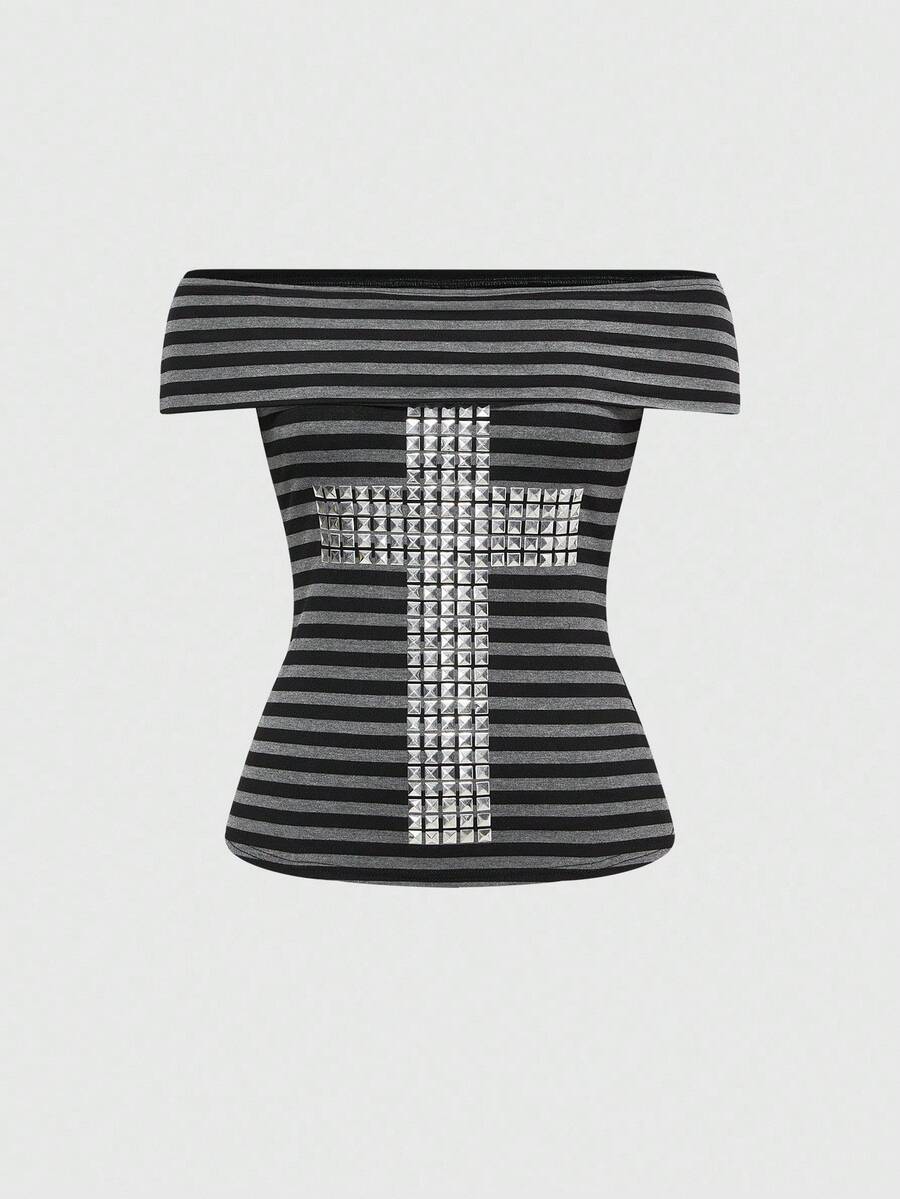 Women's 2-piece outfit with an off-the-shoulder short sleeve tee and track shorts, featuring a geometric striped pattern and slim-fit high-stretch knitted fabric.
