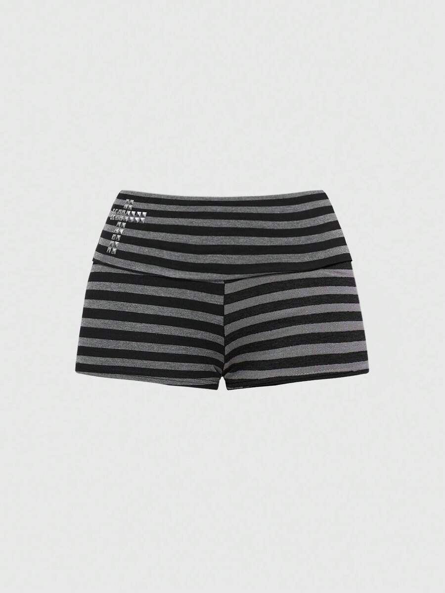 Women's 2-piece outfit with an off-the-shoulder short sleeve tee and track shorts, featuring a geometric striped pattern and slim-fit high-stretch knitted fabric.