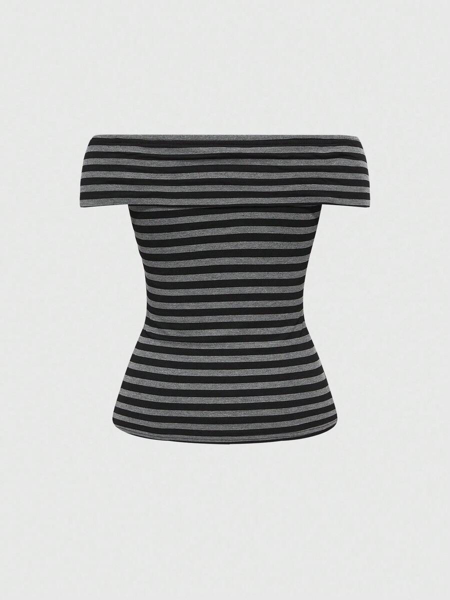 Women's 2-piece outfit with an off-the-shoulder short sleeve tee and track shorts, featuring a geometric striped pattern and slim-fit high-stretch knitted fabric.