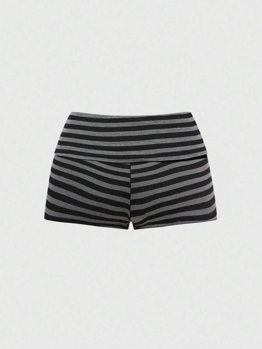 Women's 2-piece outfit with an off-the-shoulder short sleeve tee and track shorts, featuring a geometric striped pattern and slim-fit high-stretch knitted fabric.