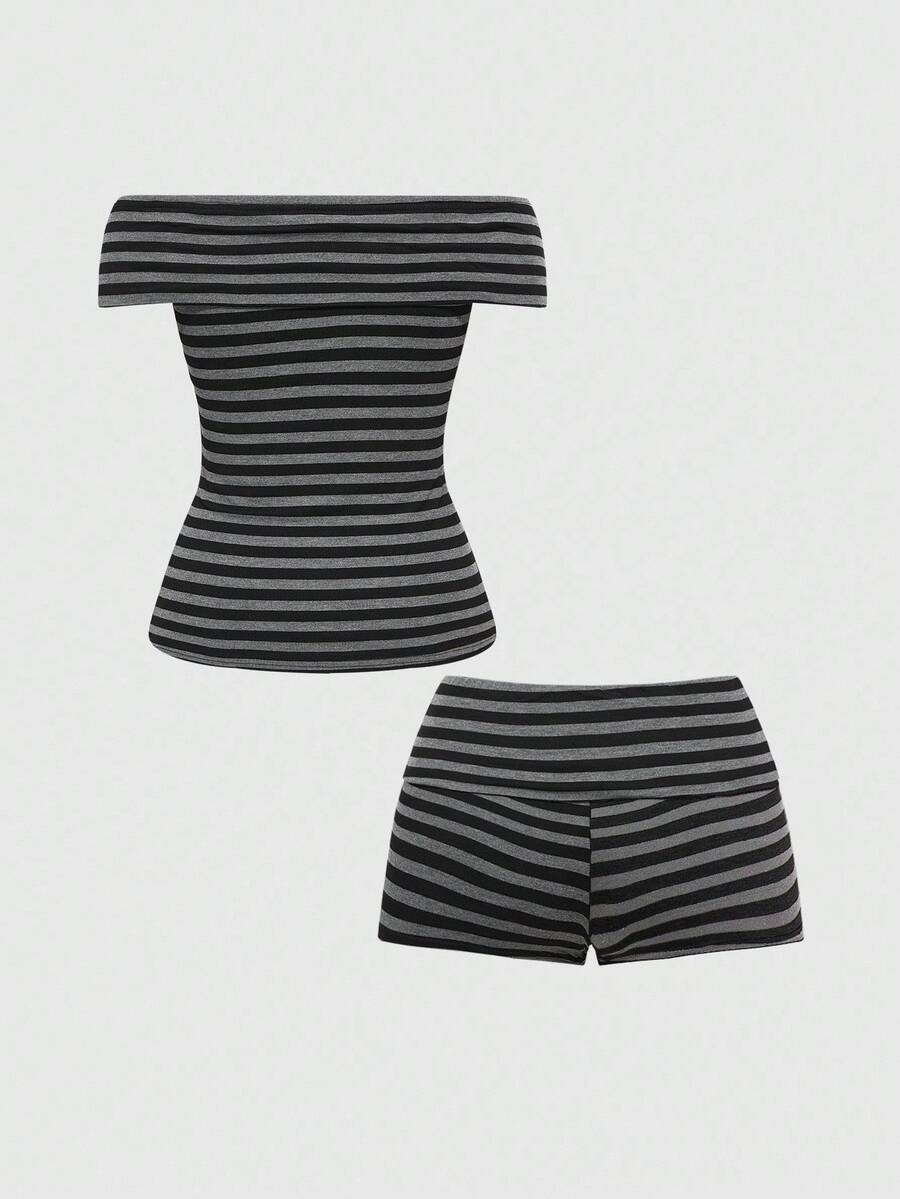 Women's 2-piece outfit with an off-the-shoulder short sleeve tee and track shorts, featuring a geometric striped pattern and slim-fit high-stretch knitted fabric.