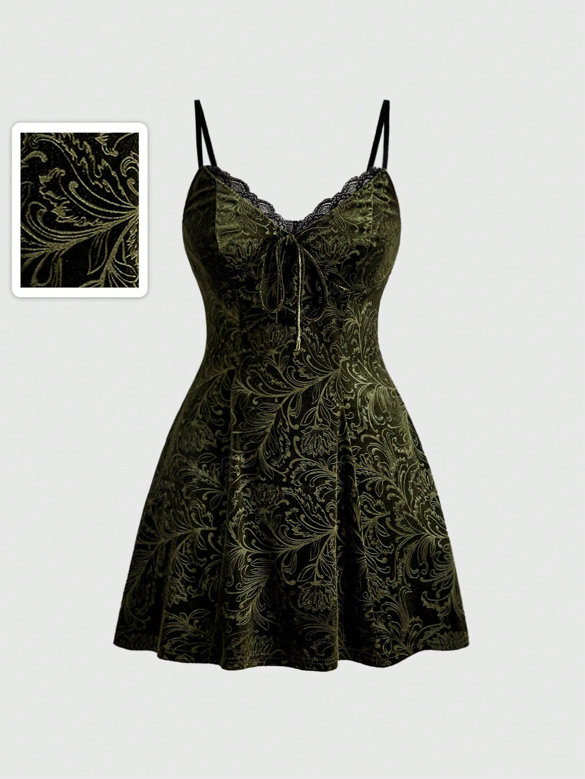 Plus size velvet slip dress featuring delicate contrast lace trim, spaghetti straps, and flared mini skirt with matching arm sleeves.