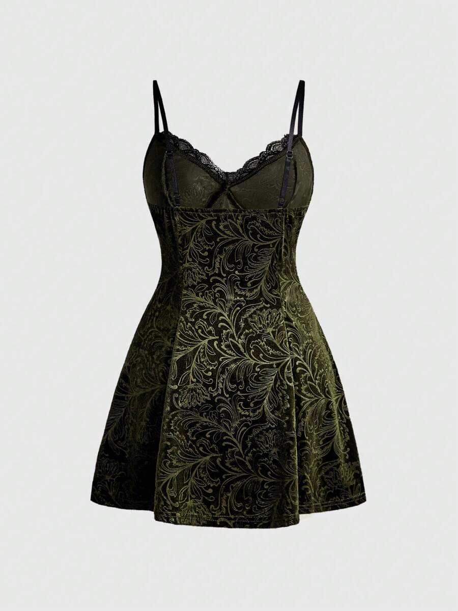 Plus size velvet slip dress featuring delicate contrast lace trim, spaghetti straps, and flared mini skirt with matching arm sleeves.