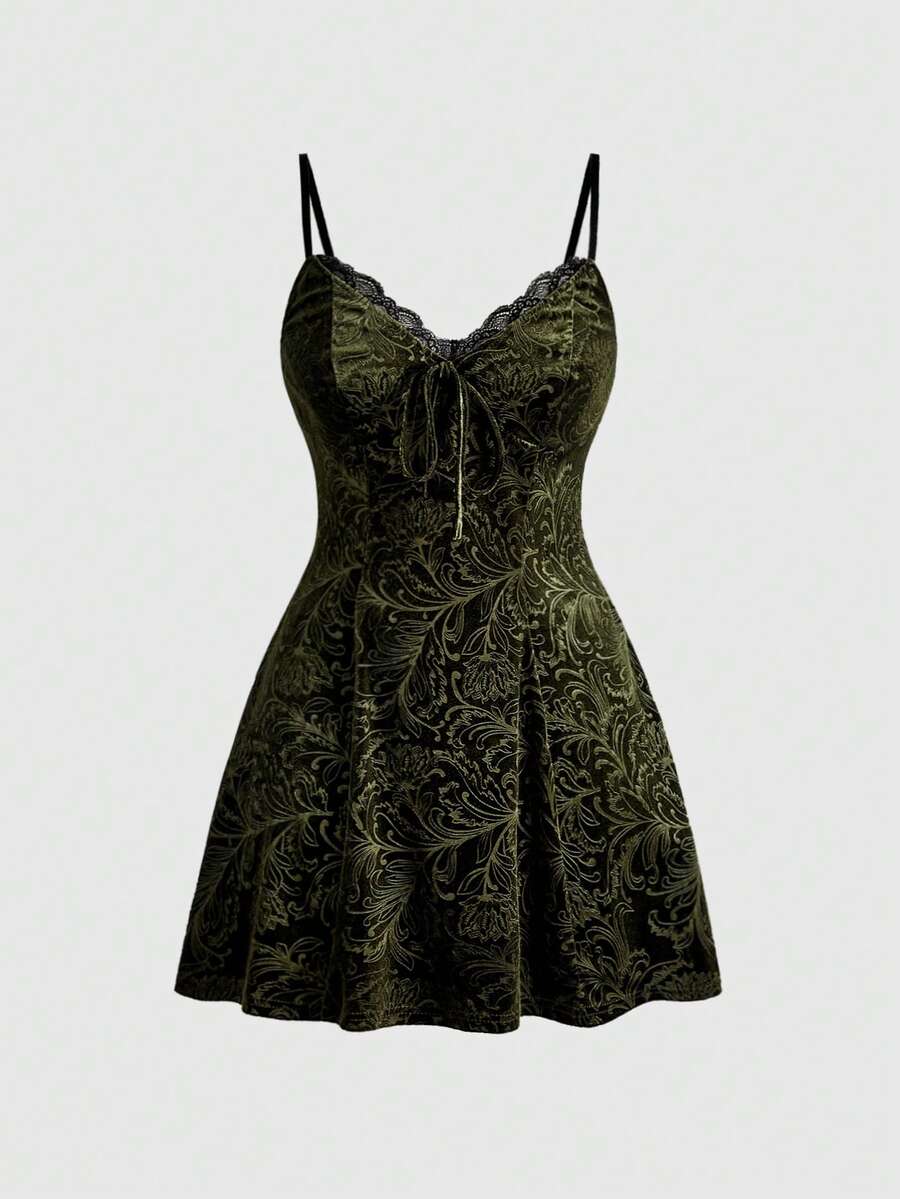 Plus size velvet slip dress featuring delicate contrast lace trim, spaghetti straps, and flared mini skirt with matching arm sleeves.