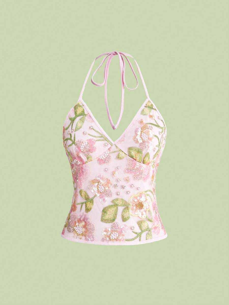 Women's floral embroidery faux pearl tie-neck crop cami top with contrast lace, ruched detail, and backless boho styling