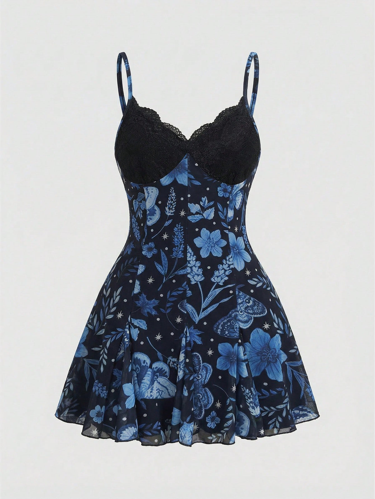 Women's Halloween boho gothic cami mini dress with spaghetti straps, contrast lace, pleated details, split design, high waist, and flared hem.
