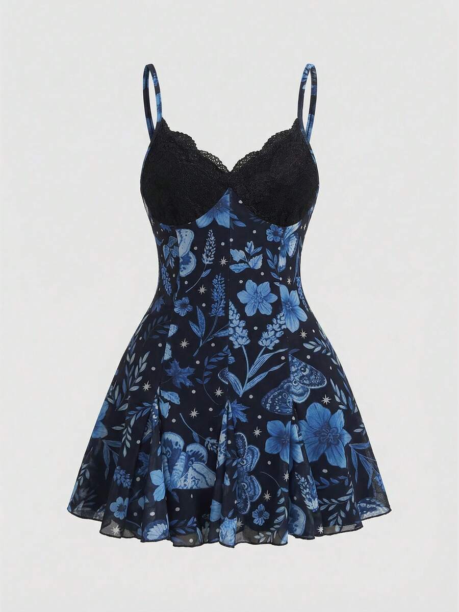 Women's Halloween boho gothic cami mini dress with spaghetti straps, contrast lace, pleated details, split design, high waist, and flared hem.