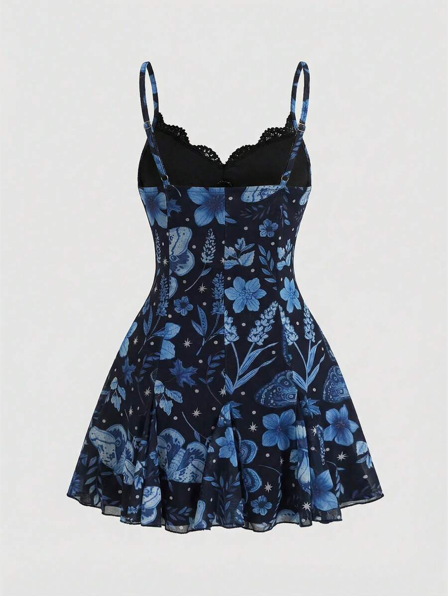 Women's Halloween boho gothic cami mini dress with spaghetti straps, contrast lace, pleated details, split design, high waist, and flared hem.
