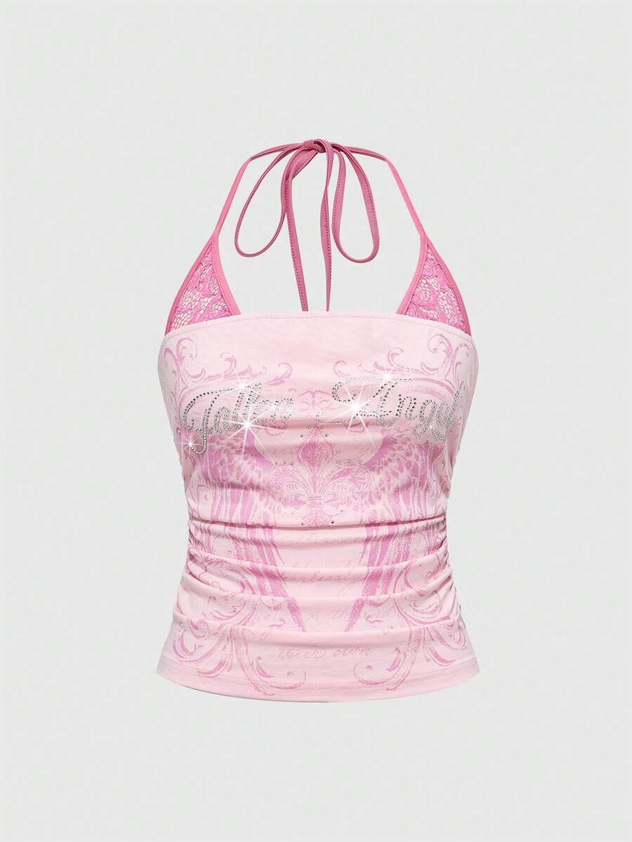 Women's cropped Y2K punk print halter cami top with contrast lace, backless knot detail, and slim fit knitted fabric