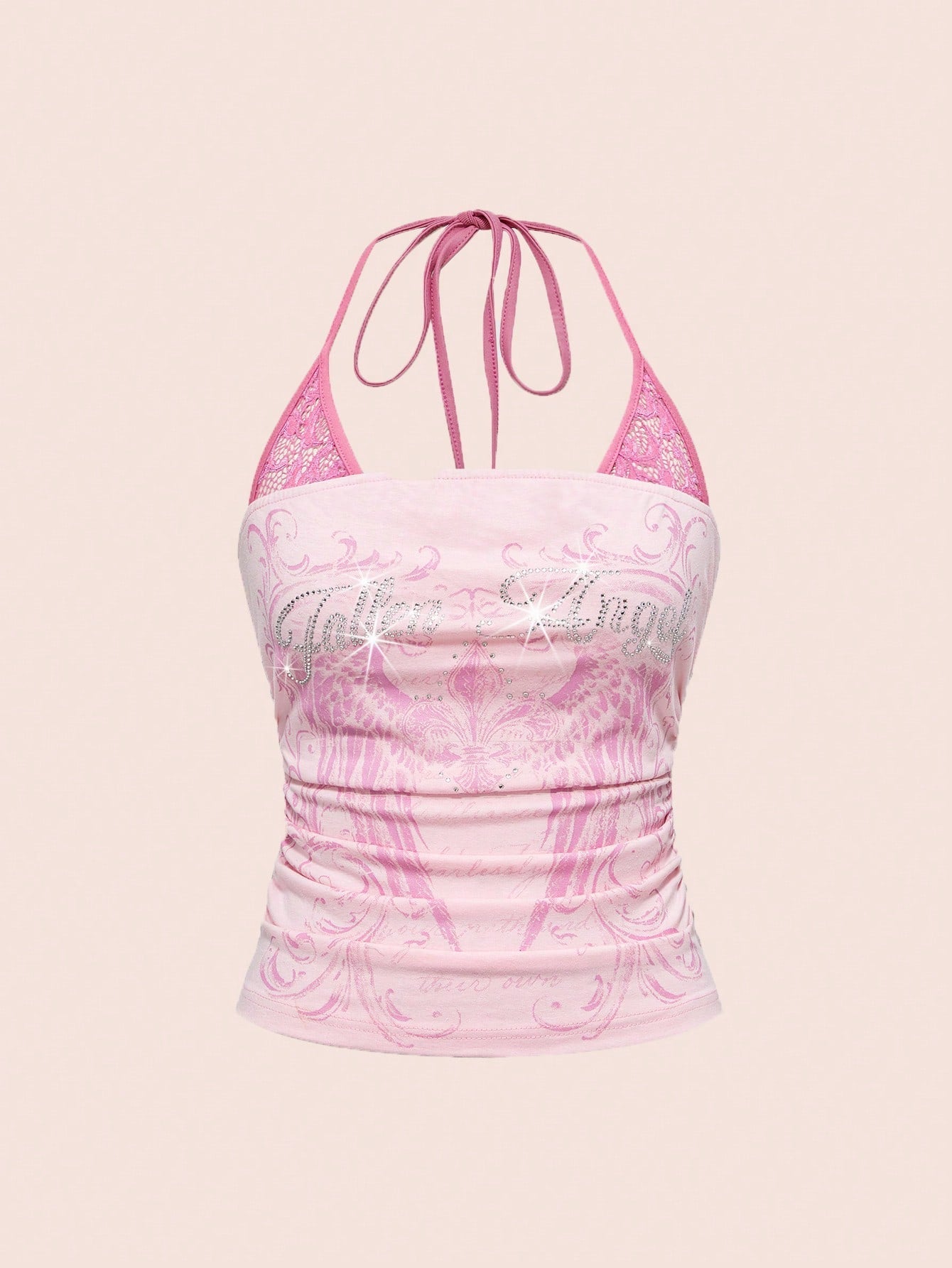Women's cropped Y2K punk print halter cami top with contrast lace, backless knot detail, and slim fit knitted fabric