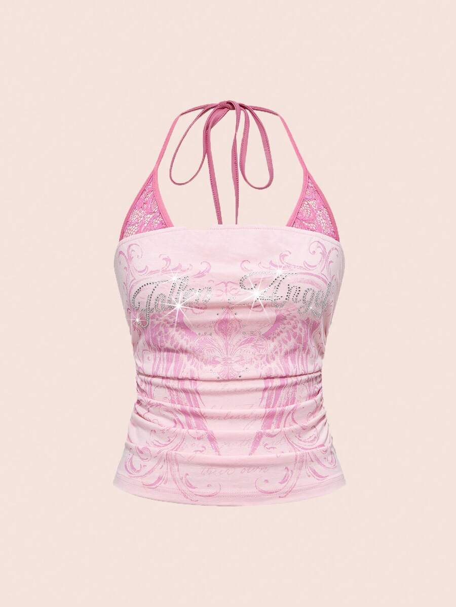 Women's cropped Y2K punk print halter cami top with contrast lace, backless knot detail, and slim fit knitted fabric