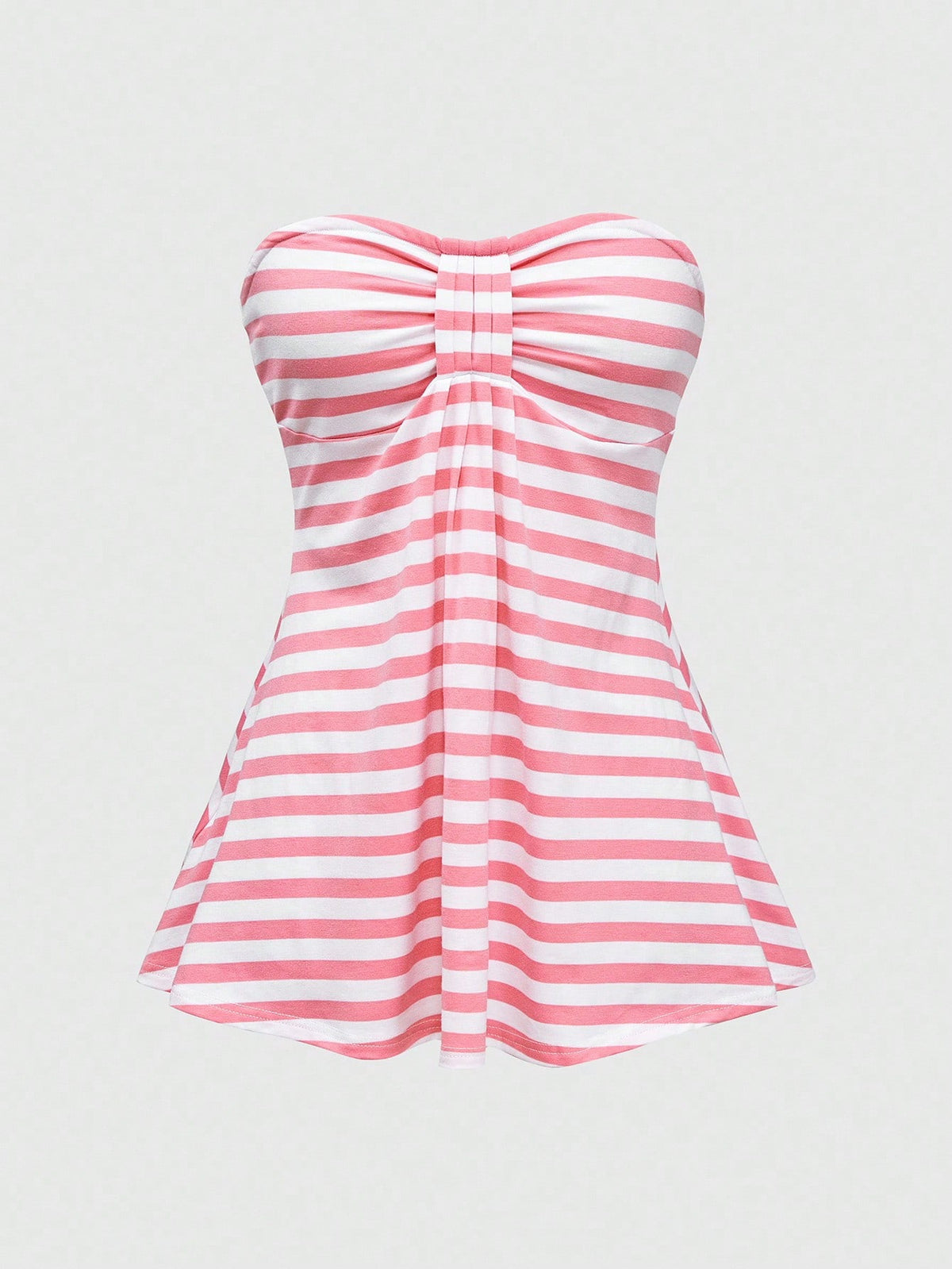 Women's striped strapless tube top featuring ruched detailing, flared hem, and stretchy knit fabric.