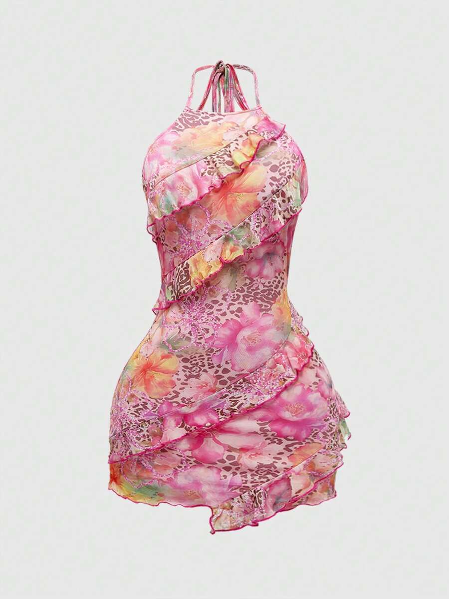Women's brown boho halter mini dress with leopard and floral print, backless knot detail, contrast lace, slim fit, sleeveless cami style, and pencil hem.