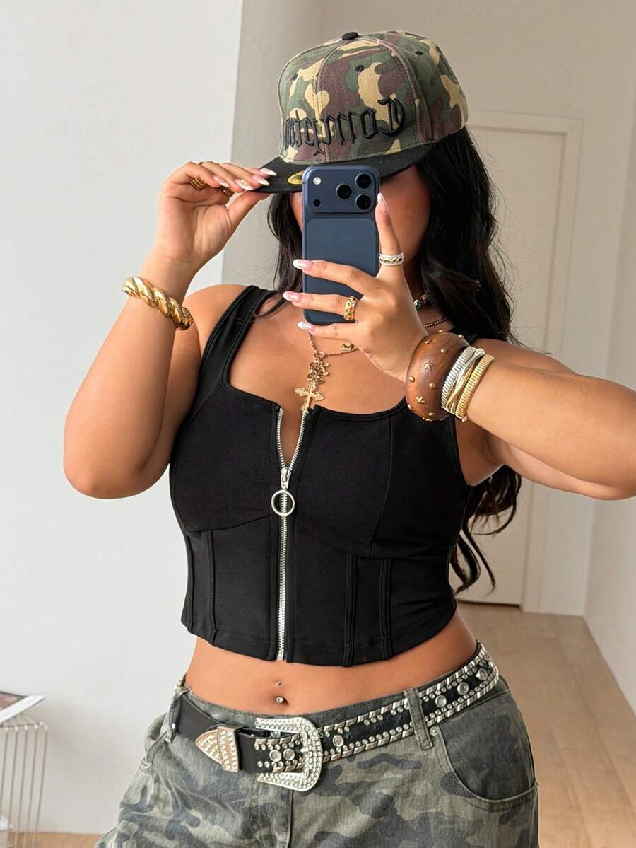 Women's plus size cropped tank top featuring a square neckline, front zipper with ring pull, and slim fit stretchy knit fabric.