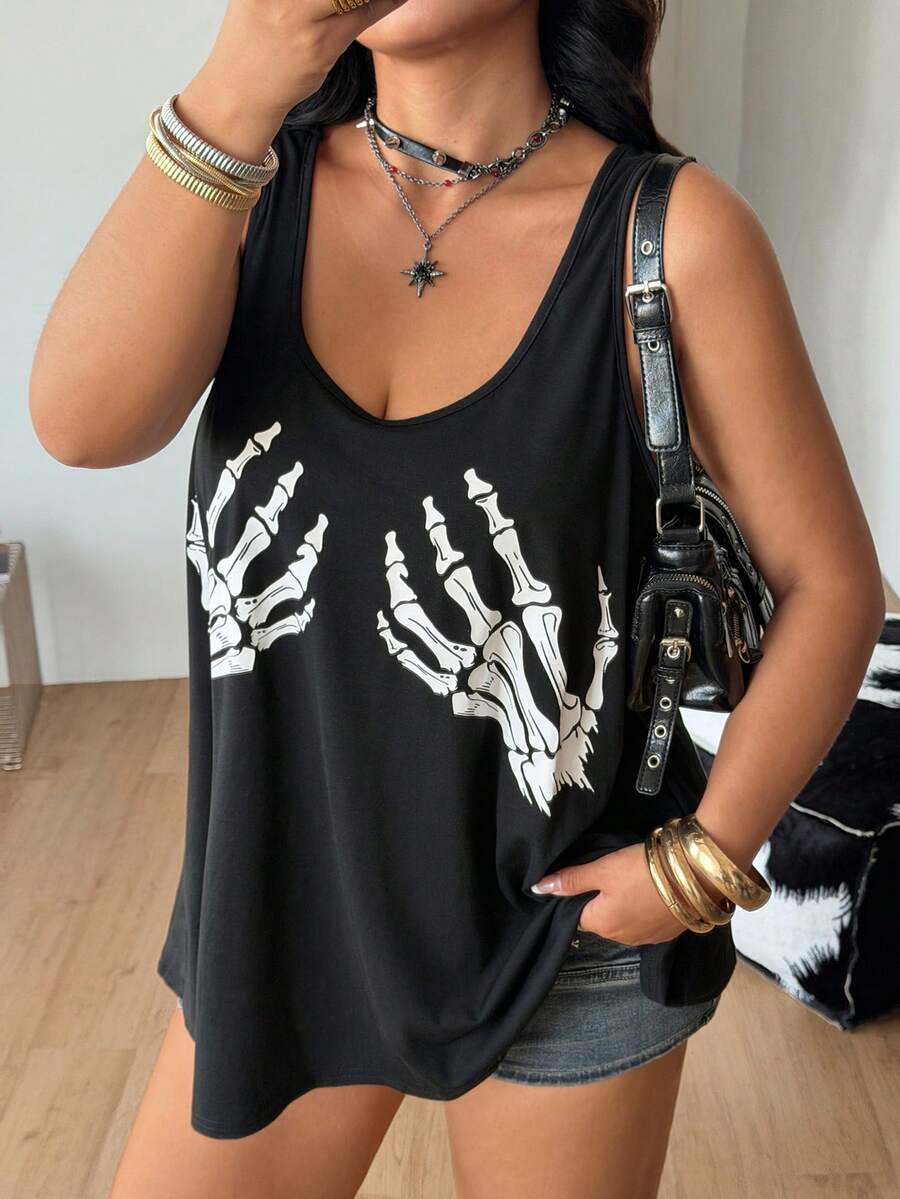 Women's camouflage print tank top featuring a scoop neckline and knitted stretch fabric in army green.