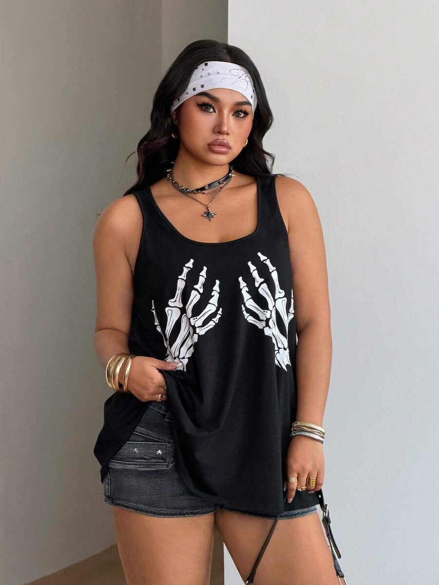 Women's camouflage print tank top featuring a scoop neckline and knitted stretch fabric in army green.