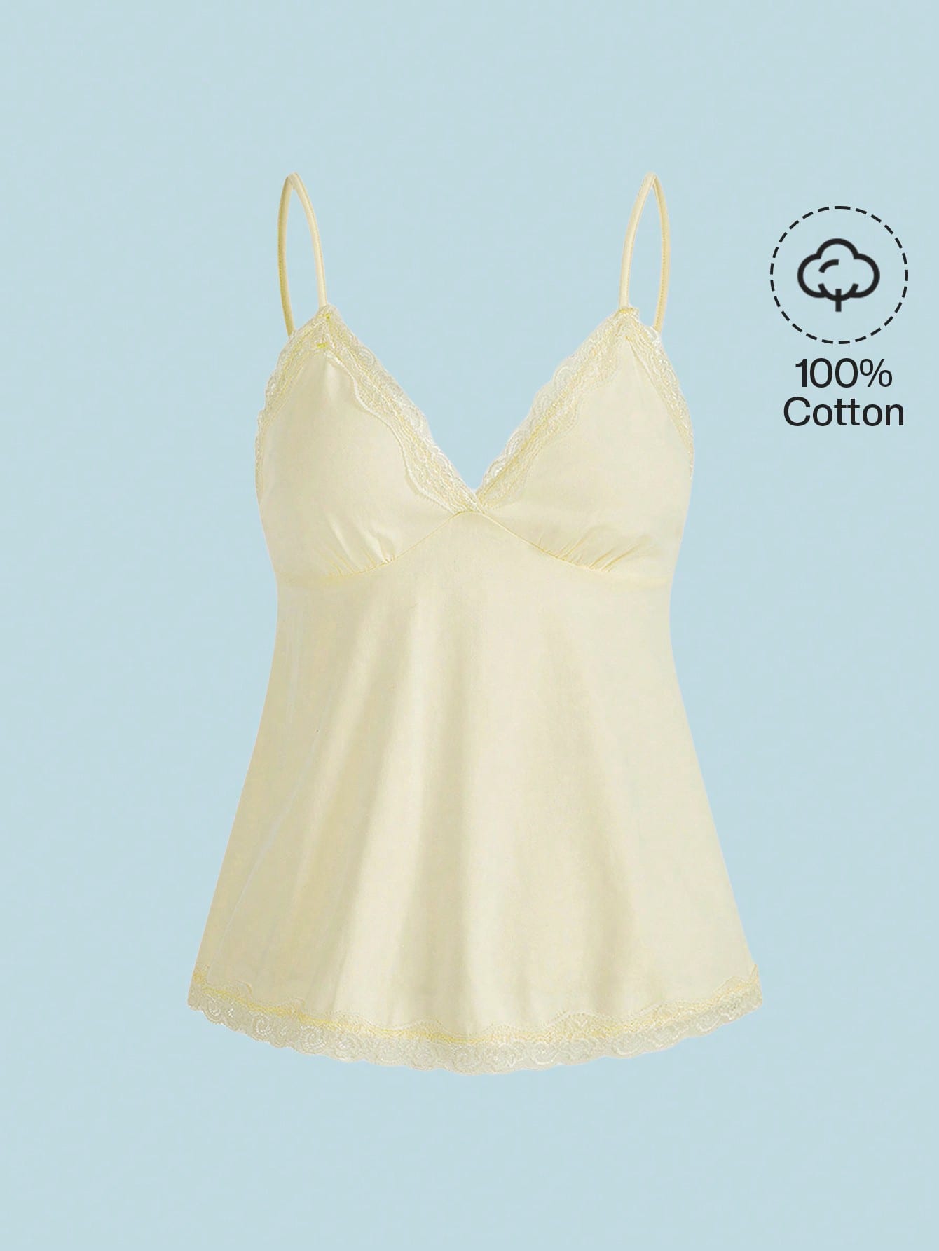 Women's spaghetti strap camisole with contrast lace patchwork, slim fit silhouette, plain design, and flared hem.