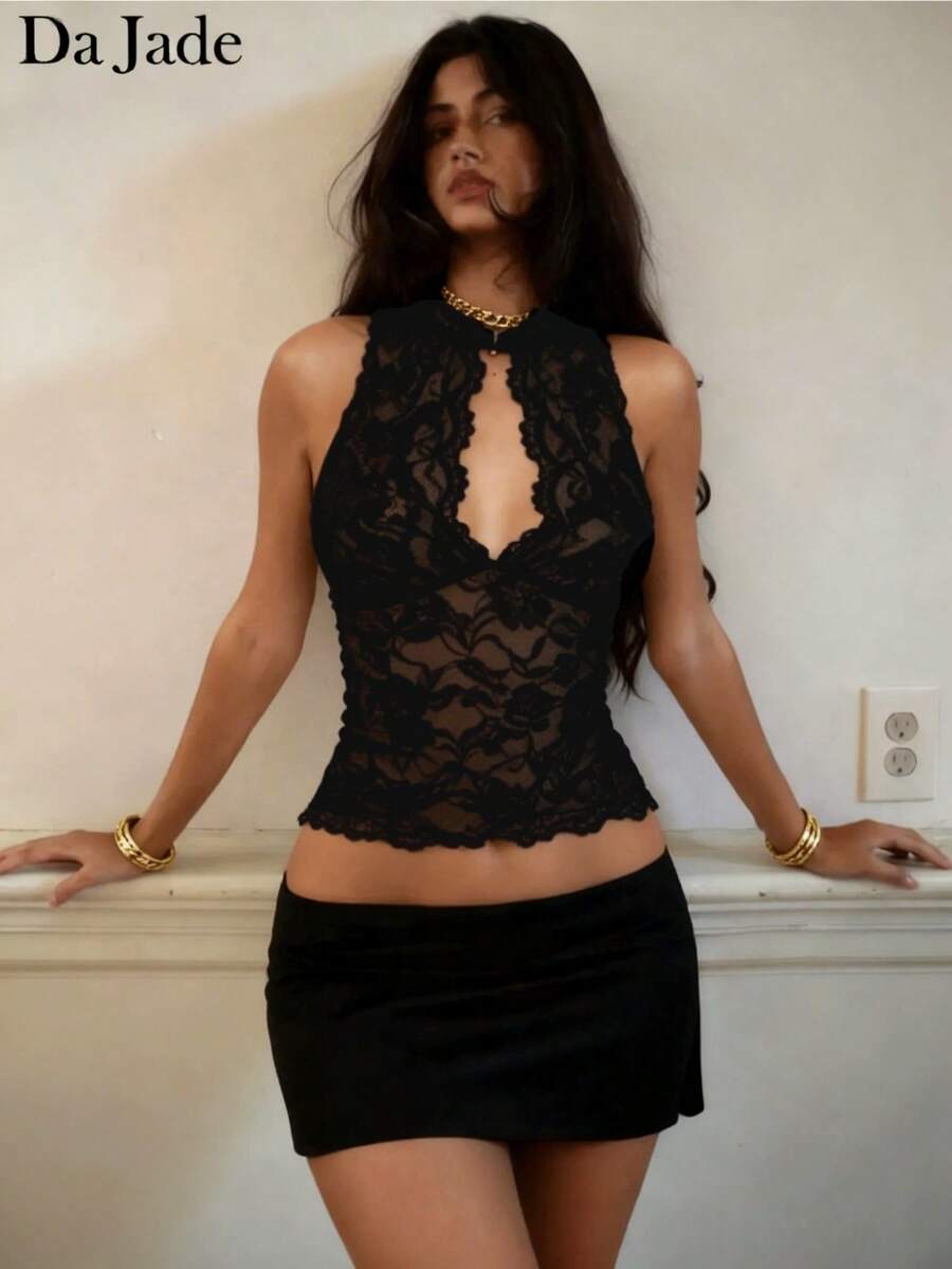 Women's black halter lace tank top featuring a plant pattern, keyhole cutout, scalloped hem, and semi-sheer mesh slim fit style.