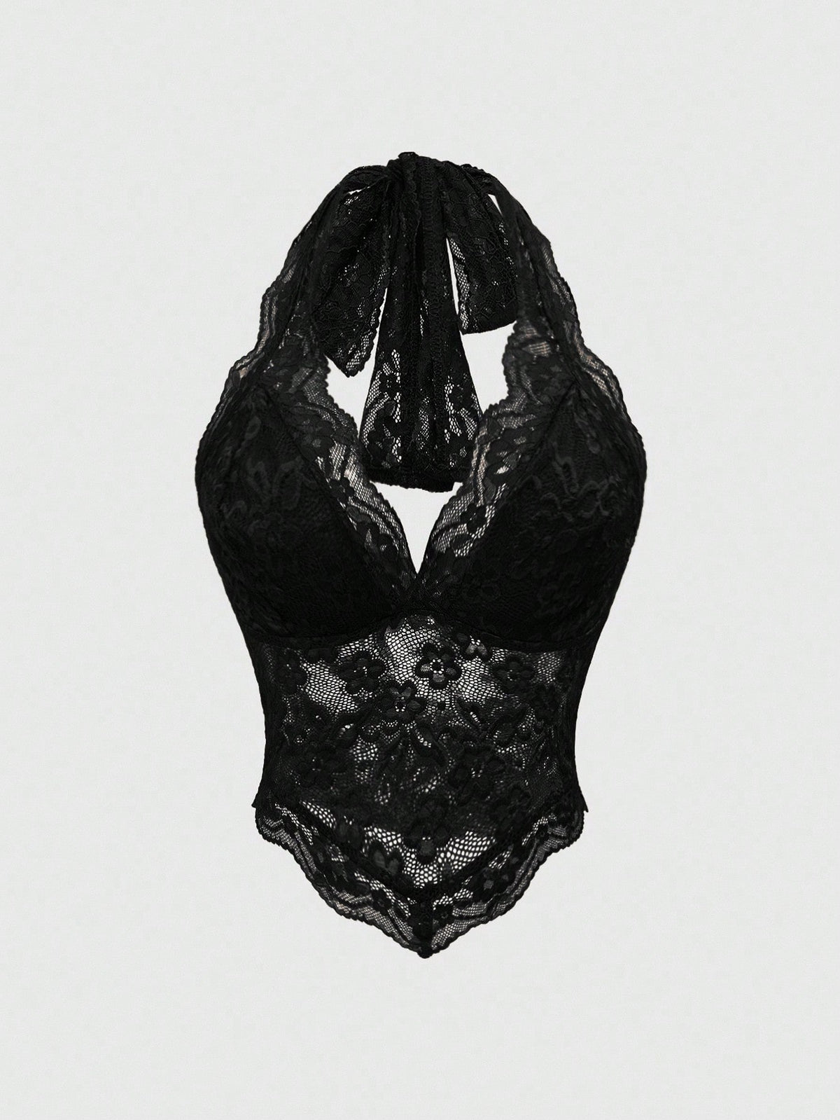Women's lace halter neck crop top with backless tie closure, scallop trim, and asymmetrical hem.