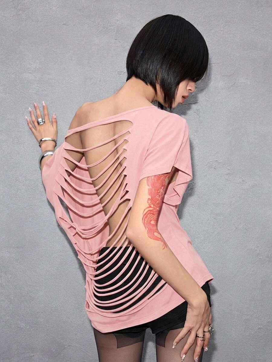 Women's grunge punk style short sleeve t-shirt featuring an asymmetrical neckline, hollow-out cut detail, and relaxed batwing sleeves in a soft cotton stretch fabric.