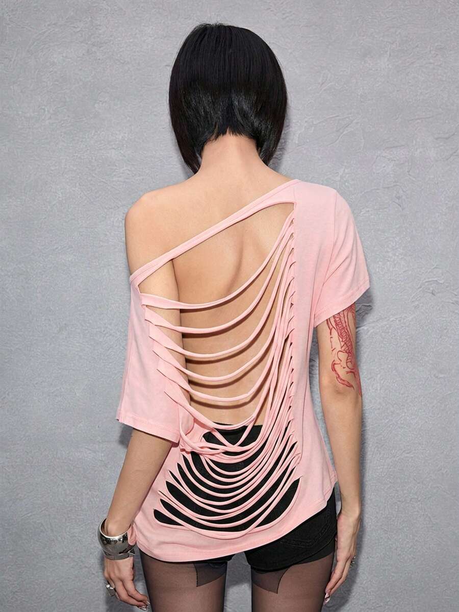 Women's grunge punk style short sleeve t-shirt featuring an asymmetrical neckline, hollow-out cut detail, and relaxed batwing sleeves in a soft cotton stretch fabric.