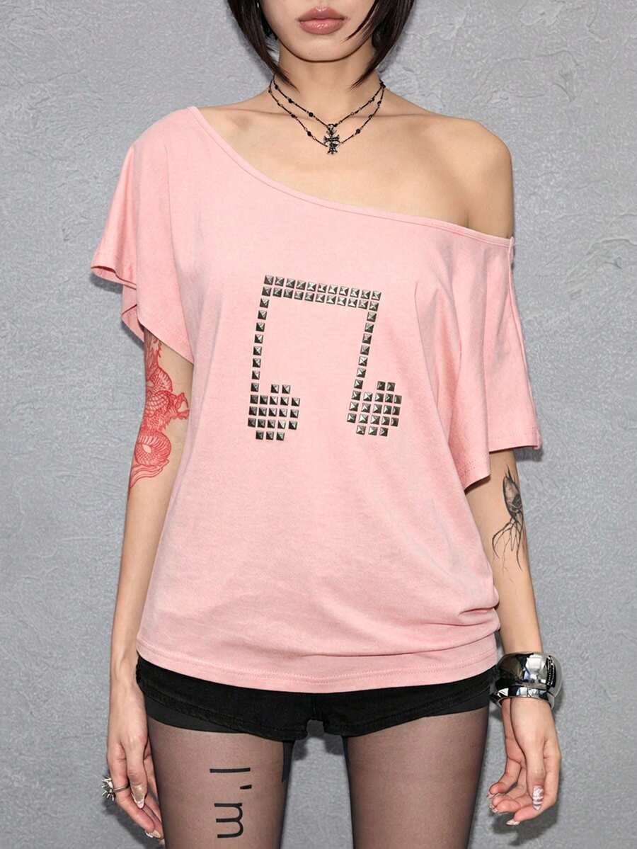 Women's grunge punk style short sleeve t-shirt featuring an asymmetrical neckline, hollow-out cut detail, and relaxed batwing sleeves in a soft cotton stretch fabric.