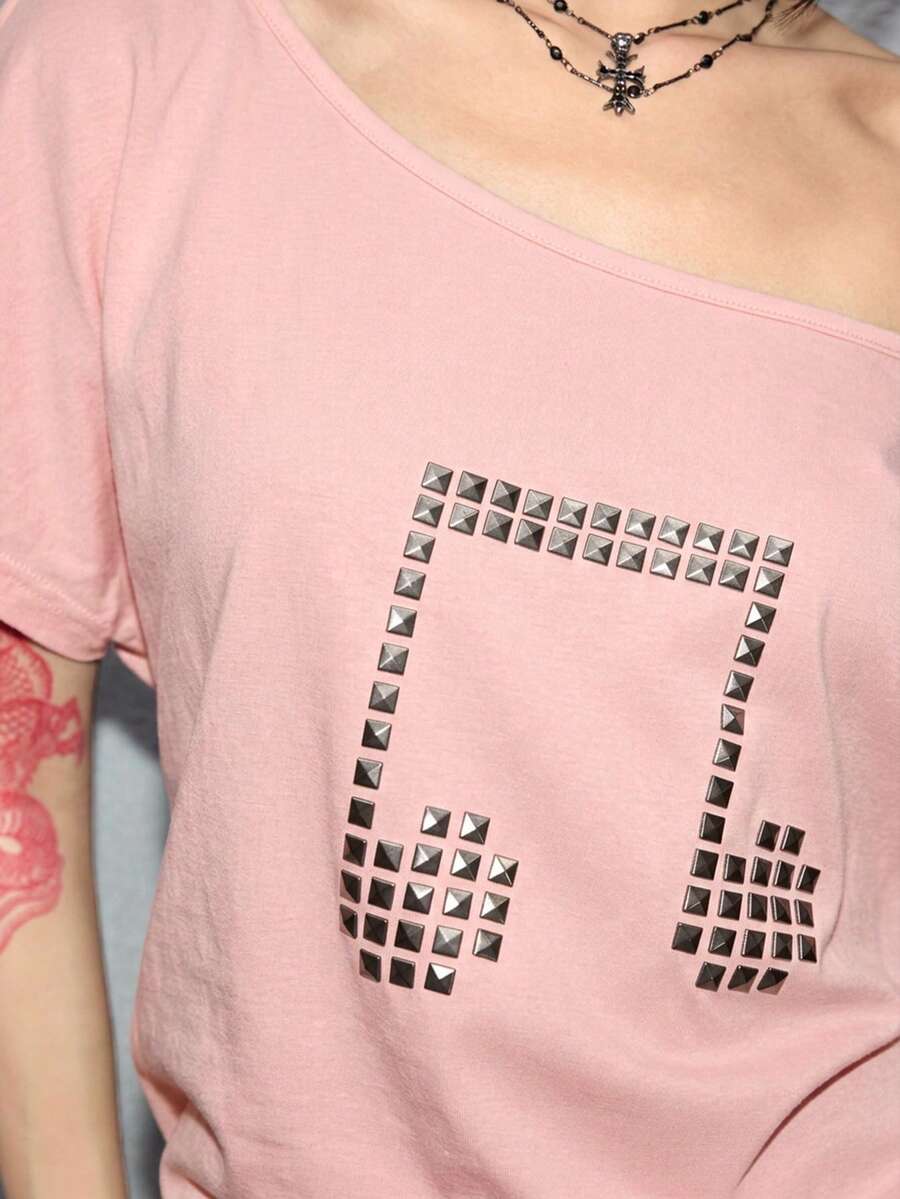 Women's grunge punk style short sleeve t-shirt featuring an asymmetrical neckline, hollow-out cut detail, and relaxed batwing sleeves in a soft cotton stretch fabric.