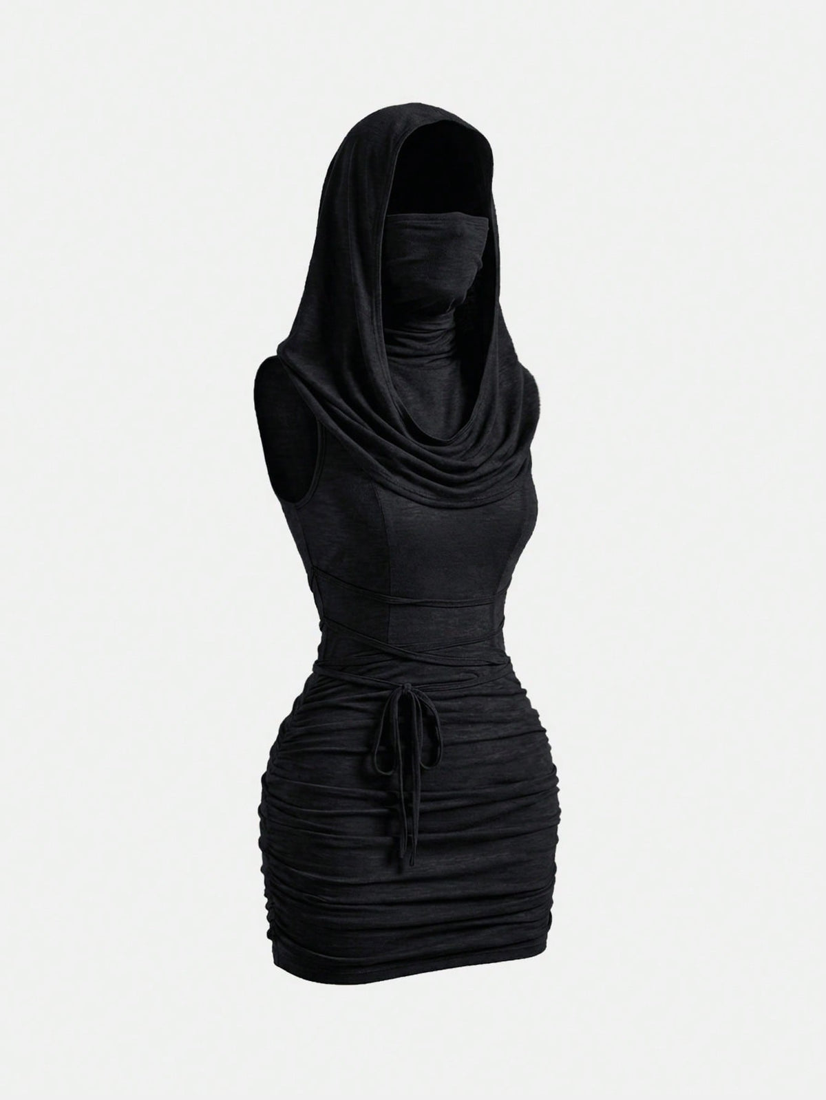 Front view of a sleeveless hooded cowl neck bodycon mini dress with draped collar detailing in knitted fabric.