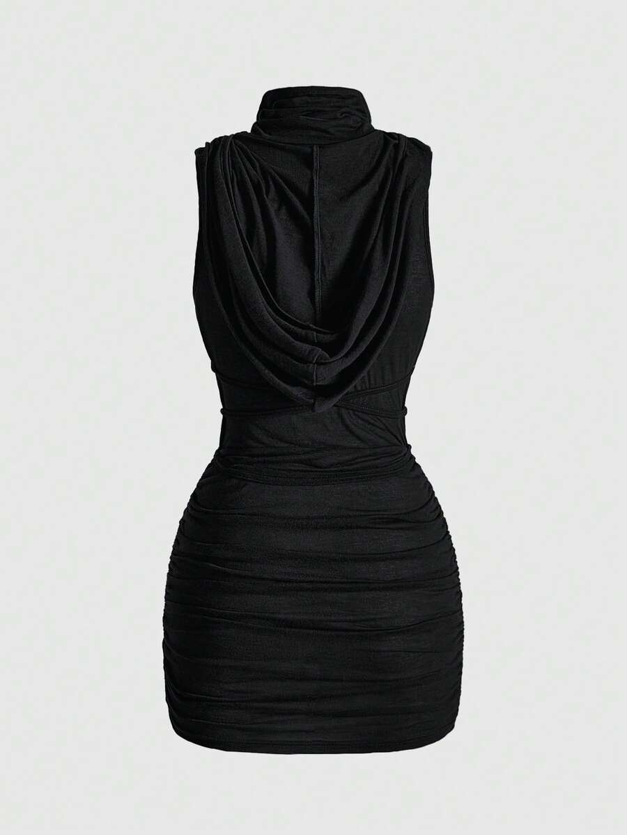 Front view of a sleeveless hooded cowl neck bodycon mini dress with draped collar detailing in knitted fabric.