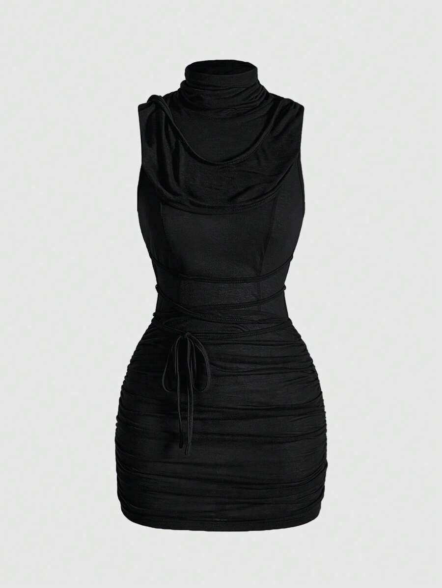 Front view of a sleeveless hooded cowl neck bodycon mini dress with draped collar detailing in knitted fabric.