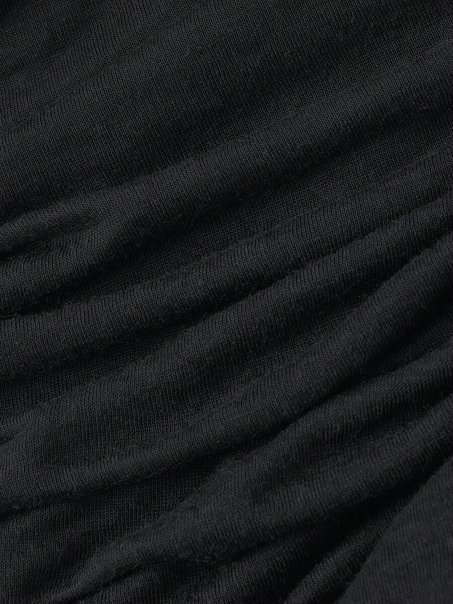 Front view of a sleeveless hooded cowl neck bodycon mini dress with draped collar detailing in knitted fabric.