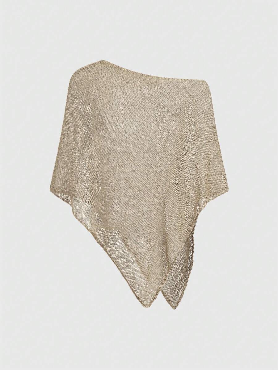 Women's casual hollow knit poncho top with boat neck, cloak sleeves, and asymmetrical hem
