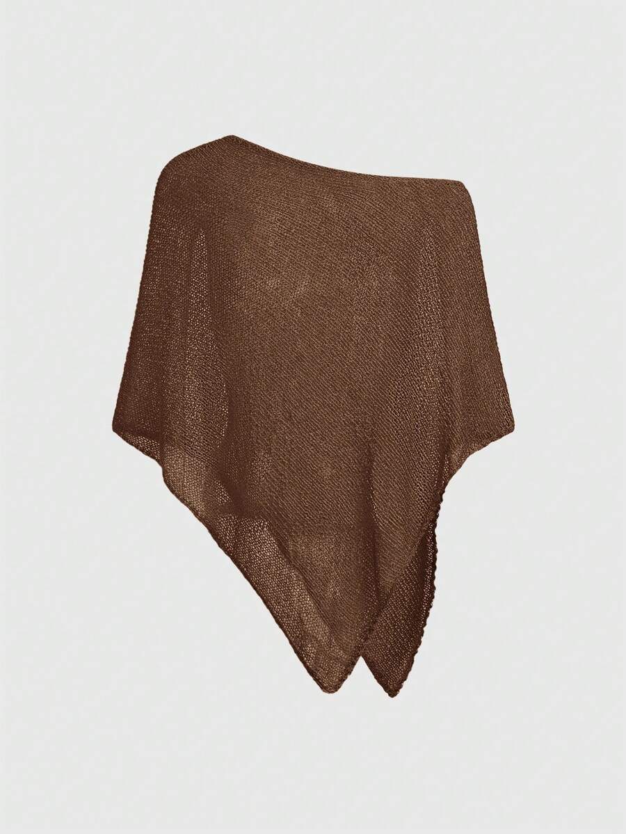 Women's casual hollow knit poncho top with boat neck, cloak sleeves, and asymmetrical hem