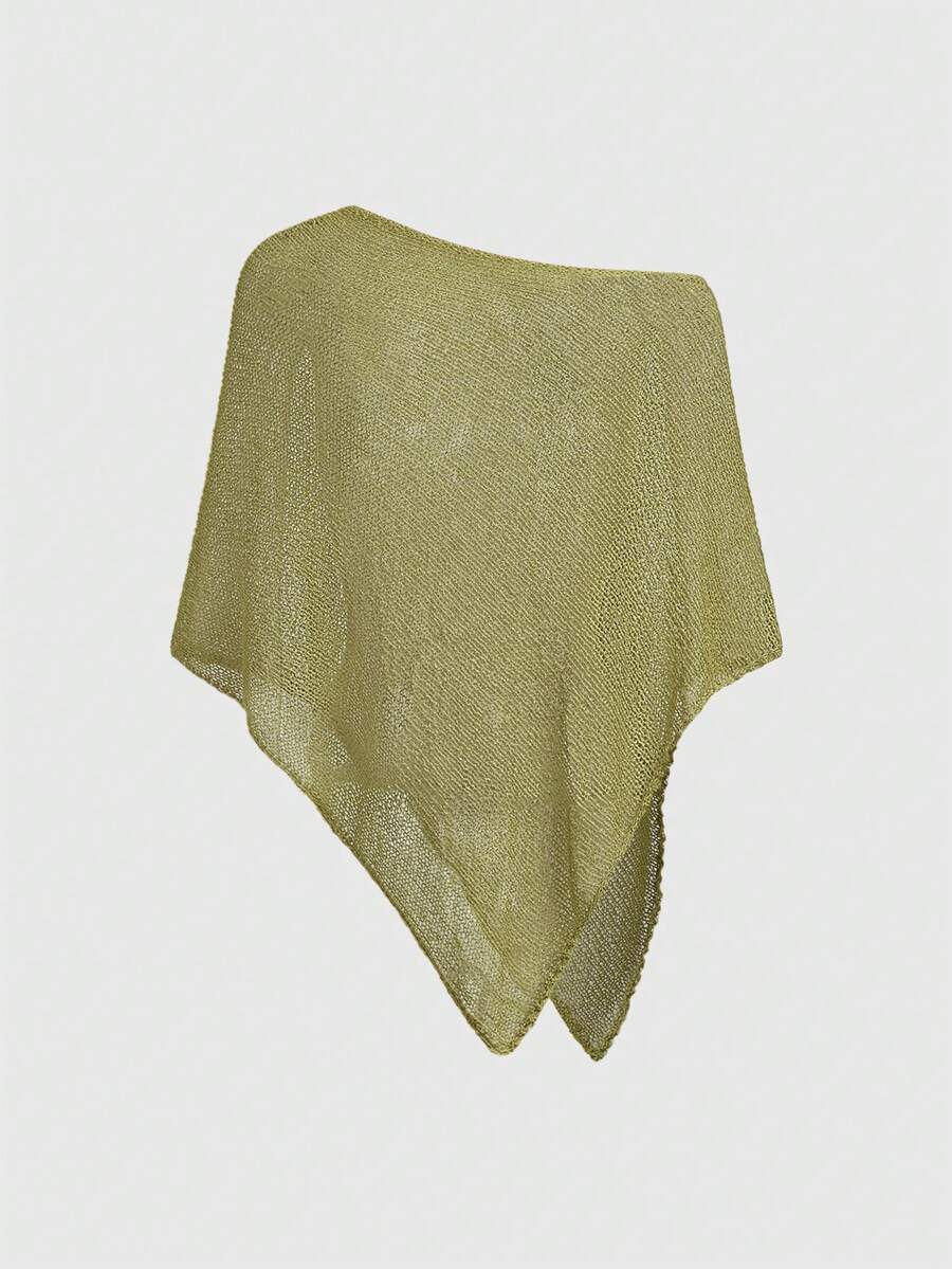 Women's casual hollow knit poncho top with boat neck, cloak sleeves, and asymmetrical hem