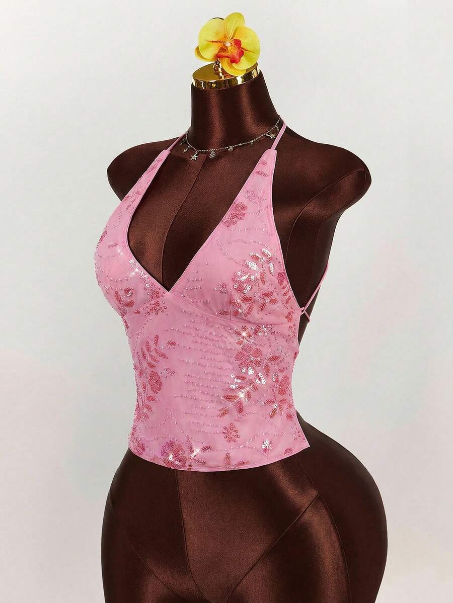 Women's embroidered sequin halter cami top featuring a deep V-neck, backless party design, and slim fit silhouette.