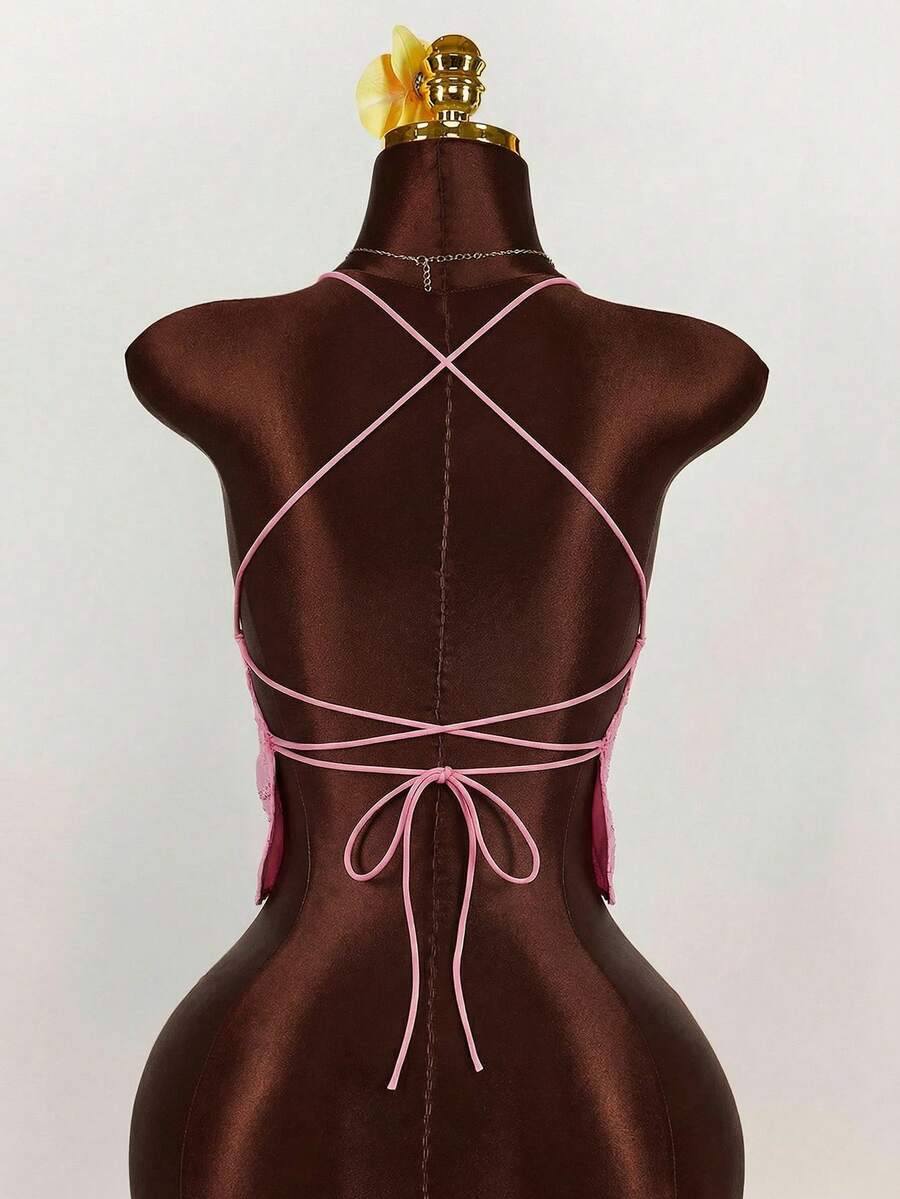 Women's embroidered sequin halter cami top featuring a deep V-neck, backless party design, and slim fit silhouette.