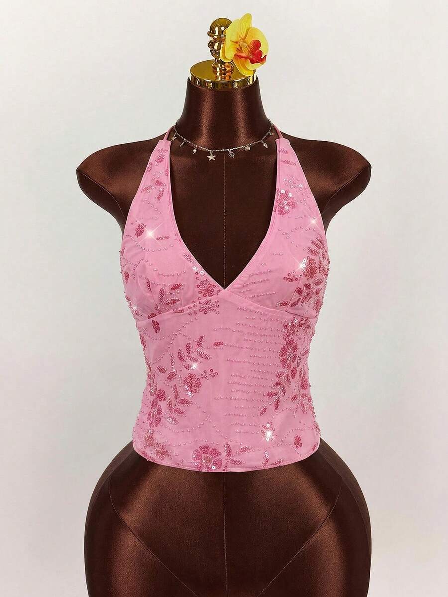 Women's embroidered sequin halter cami top featuring a deep V-neck, backless party design, and slim fit silhouette.
