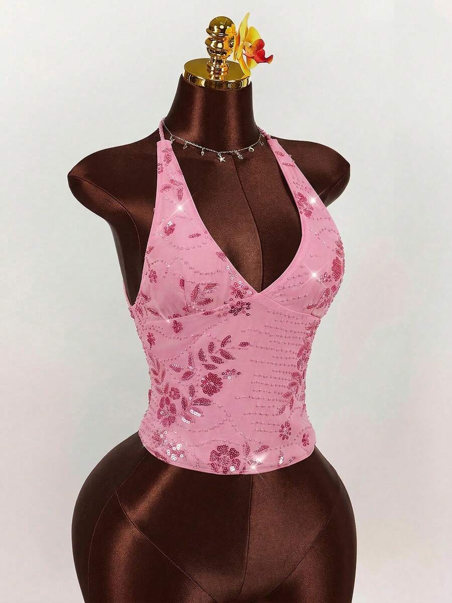 Women's embroidered sequin halter cami top featuring a deep V-neck, backless party design, and slim fit silhouette.