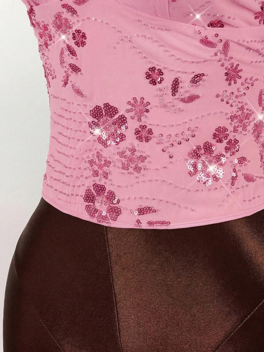 Women's embroidered sequin halter cami top featuring a deep V-neck, backless party design, and slim fit silhouette.