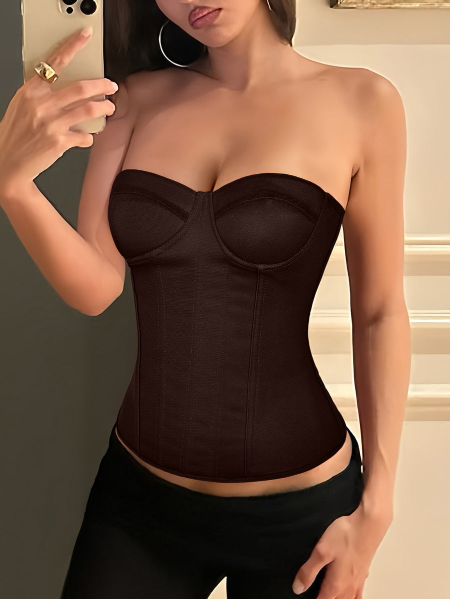 Solid color strapless corset tube top featuring a backless lace-up back design and cropped slim fit.