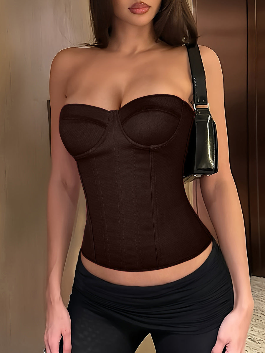 Solid color strapless corset tube top featuring a backless lace-up back design and cropped slim fit.