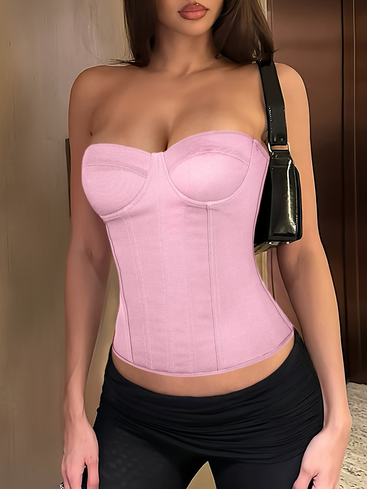 Solid color strapless corset tube top featuring a backless lace-up back design and cropped slim fit.