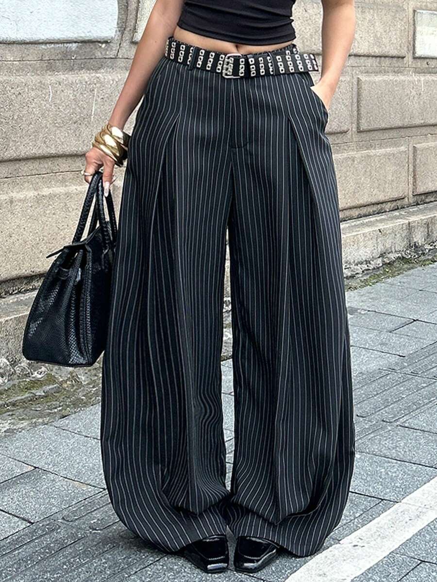 Casual black striped woven long pants for women featuring a low waist and loose fit design.