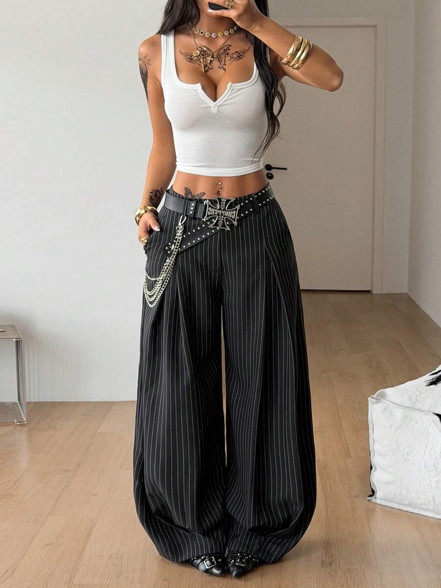 Casual black striped woven long pants for women featuring a low waist and loose fit design.